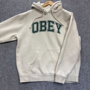 OBEY Hoodie Sweatshirt Mens  Cream w/ Green Collegiate Style Letters No Size Tag